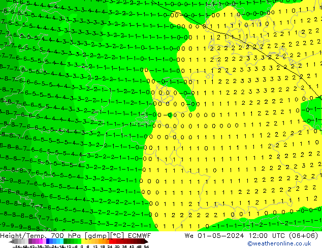 Height/Temp. 700 hPa ECMWF  01.05.2024 12 UTC