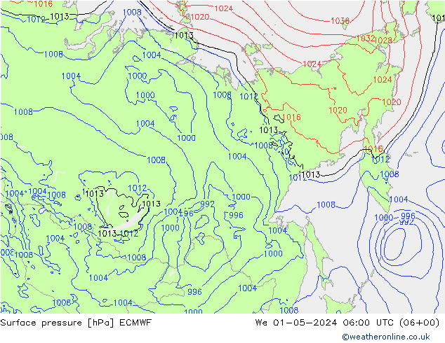 Surface pressure ECMWF We 01.05.2024 06 UTC