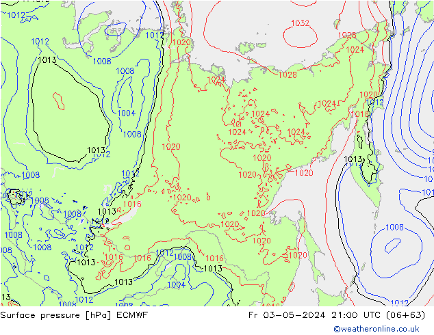 Atmosférický tlak ECMWF Pá 03.05.2024 21 UTC