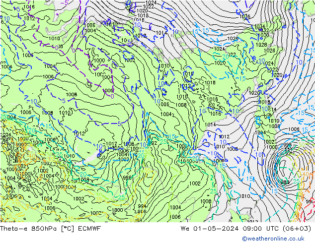 Theta-e 850hPa ECMWF Çar 01.05.2024 09 UTC