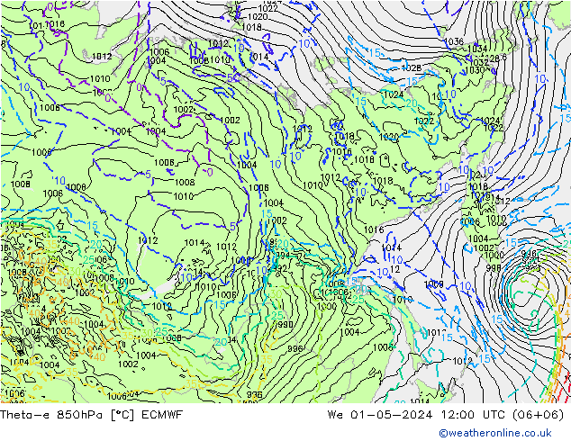 Theta-e 850hPa ECMWF mié 01.05.2024 12 UTC