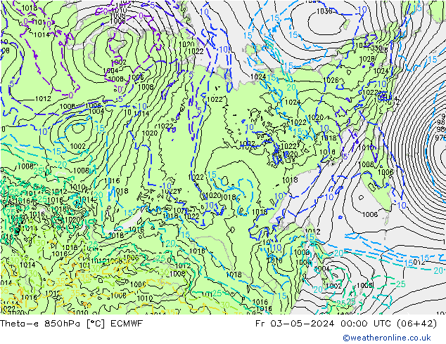 Theta-e 850hPa ECMWF vie 03.05.2024 00 UTC