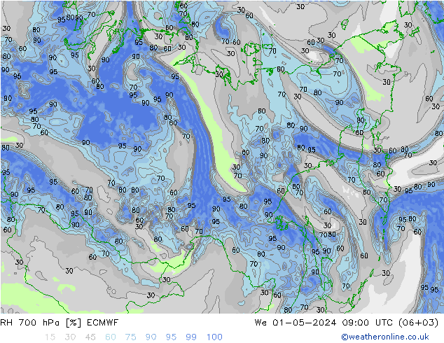 700 hPa Nispi Nem ECMWF Çar 01.05.2024 09 UTC