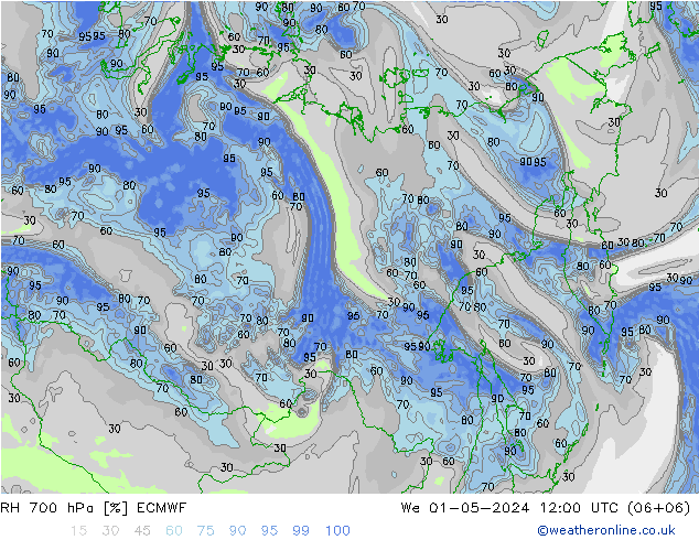 Humedad rel. 700hPa ECMWF mié 01.05.2024 12 UTC