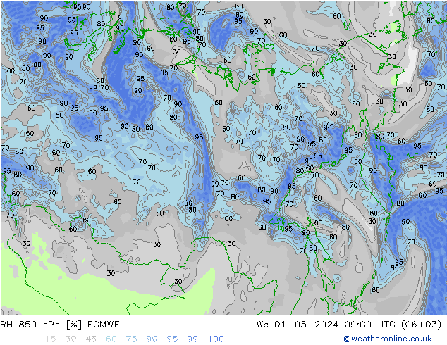 RH 850 hPa ECMWF Qua 01.05.2024 09 UTC