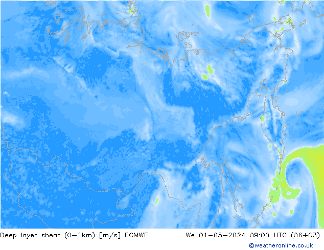 Deep layer shear (0-1km) ECMWF Çar 01.05.2024 09 UTC