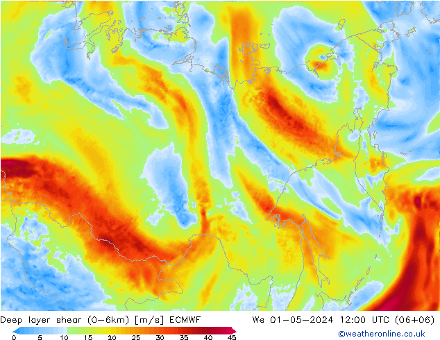 Deep layer shear (0-6km) ECMWF mié 01.05.2024 12 UTC