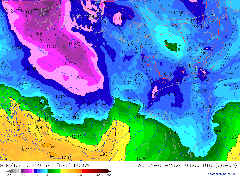 850 hPa Yer Bas./Sıc ECMWF Çar 01.05.2024 09 UTC