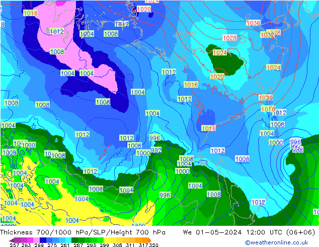 Espesor 700-1000 hPa ECMWF mié 01.05.2024 12 UTC