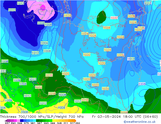 Espesor 700-1000 hPa ECMWF vie 03.05.2024 18 UTC