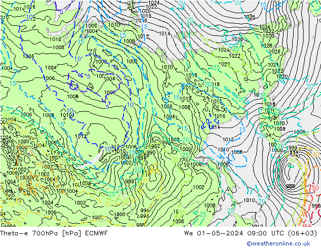 Theta-e 700hPa ECMWF We 01.05.2024 09 UTC