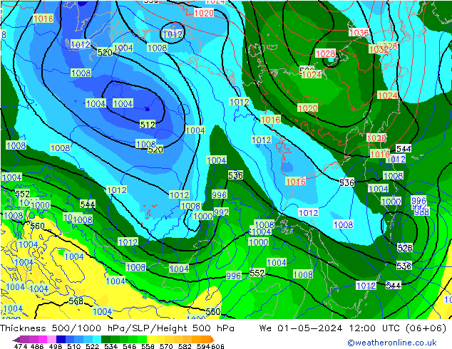 Espesor 500-1000 hPa ECMWF mié 01.05.2024 12 UTC