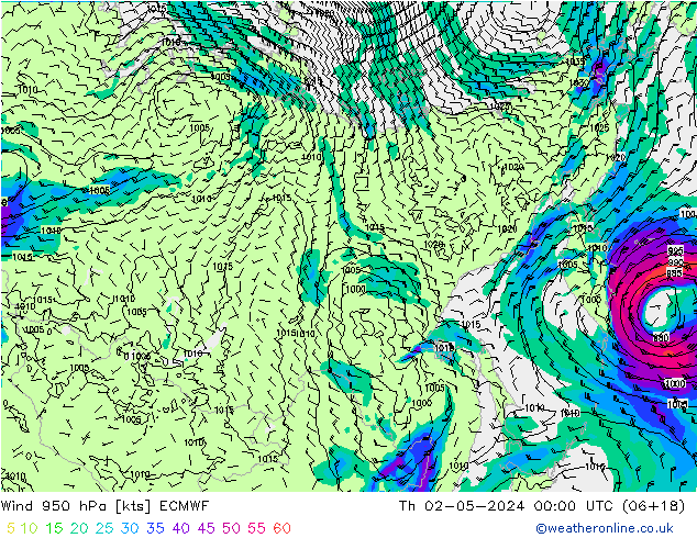 Wind 950 hPa ECMWF Do 02.05.2024 00 UTC