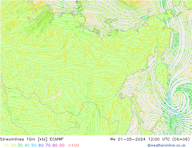 Streamlines 10m ECMWF We 01.05.2024 12 UTC