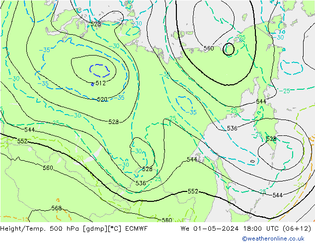 Z500/Rain (+SLP)/Z850 ECMWF śro. 01.05.2024 18 UTC