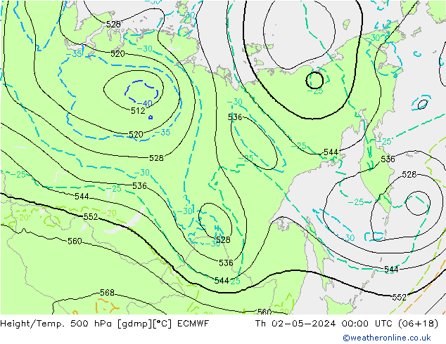 Z500/Rain (+SLP)/Z850 ECMWF Čt 02.05.2024 00 UTC