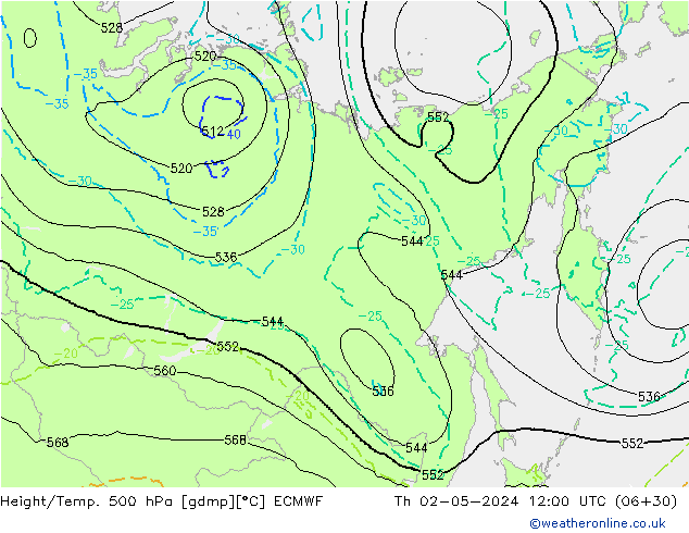 Z500/Rain (+SLP)/Z850 ECMWF Th 02.05.2024 12 UTC