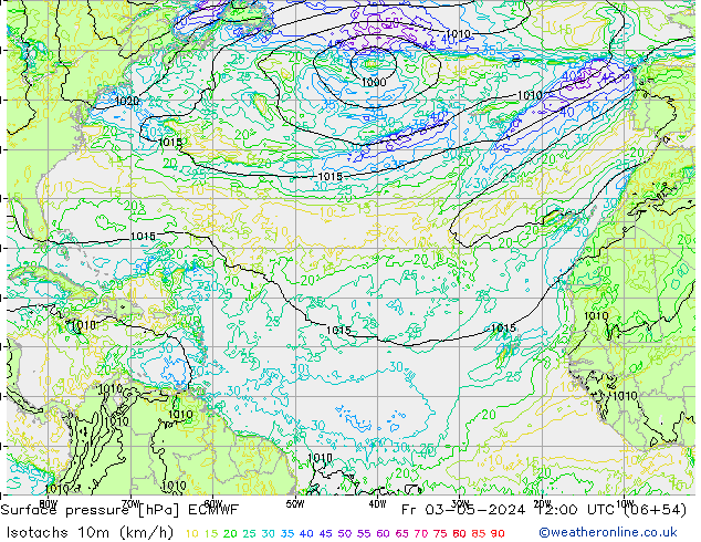 Eşrüzgar Hızları (km/sa) ECMWF Cu 03.05.2024 12 UTC