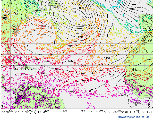 Theta-e 850hPa ECMWF śro. 01.05.2024 18 UTC