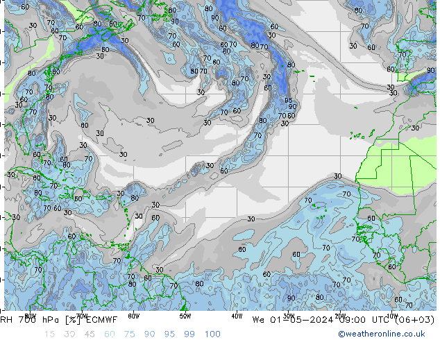 Humedad rel. 700hPa ECMWF mié 01.05.2024 09 UTC