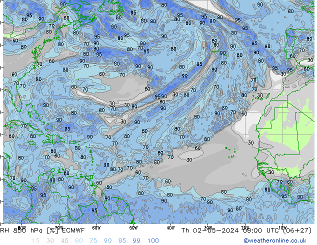 850 hPa Nispi Nem ECMWF Per 02.05.2024 09 UTC