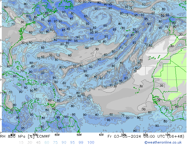 Humedad rel. 850hPa ECMWF vie 03.05.2024 06 UTC