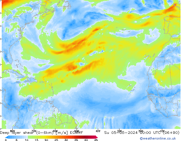 Deep layer shear (0-6km) ECMWF dim 05.05.2024 00 UTC