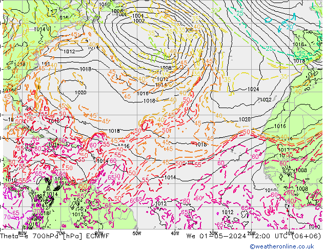 Theta-e 700hPa ECMWF śro. 01.05.2024 12 UTC