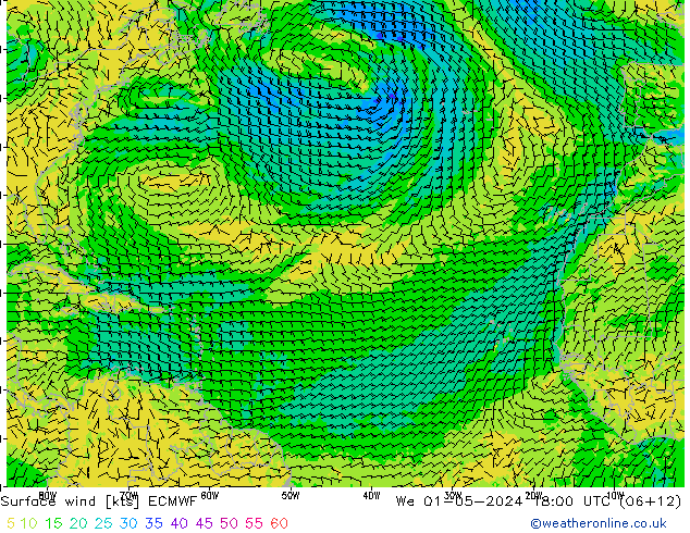 wiatr 10 m ECMWF śro. 01.05.2024 18 UTC