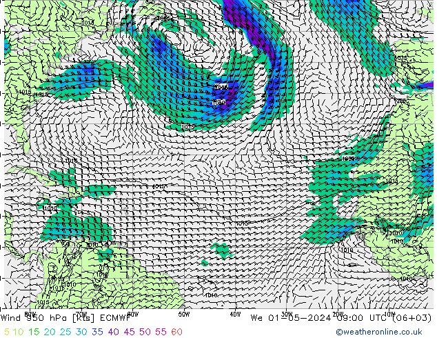 Vent 950 hPa ECMWF mer 01.05.2024 09 UTC