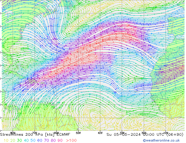 Streamlines 200 hPa ECMWF Su 05.05.2024 00 UTC