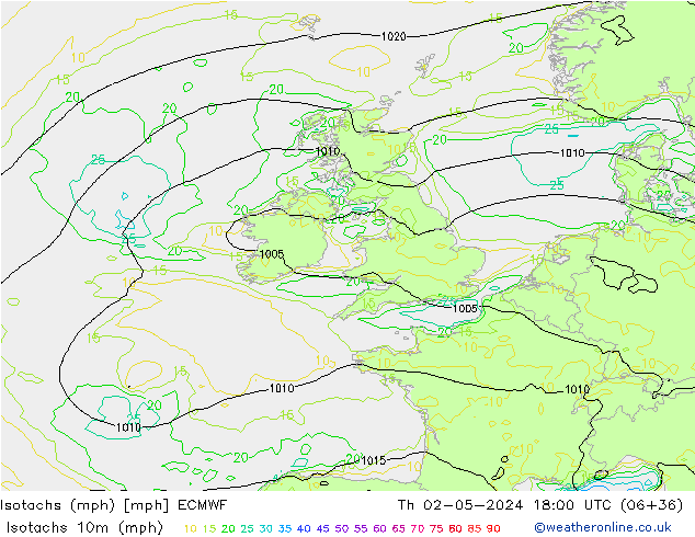 Isotachs (mph) ECMWF jeu 02.05.2024 18 UTC