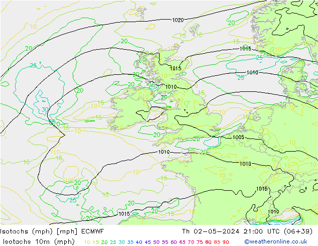 Isotachs (mph) ECMWF Th 02.05.2024 21 UTC