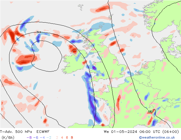 T-Adv. 500 hPa ECMWF Çar 01.05.2024 06 UTC