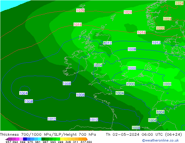 Thck 700-1000 hPa ECMWF gio 02.05.2024 06 UTC