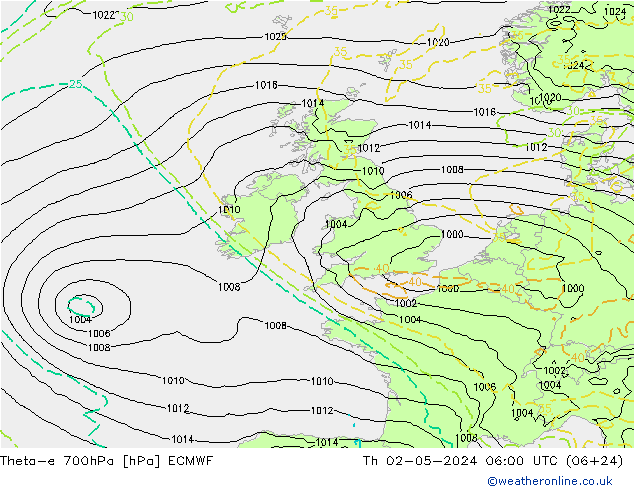 Theta-e 700hPa ECMWF Th 02.05.2024 06 UTC