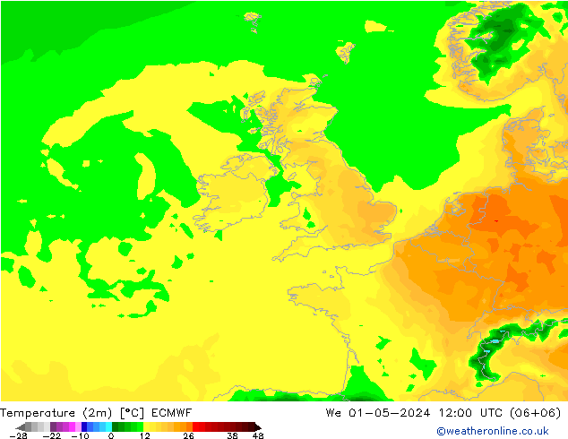 mapa temperatury (2m) ECMWF śro. 01.05.2024 12 UTC