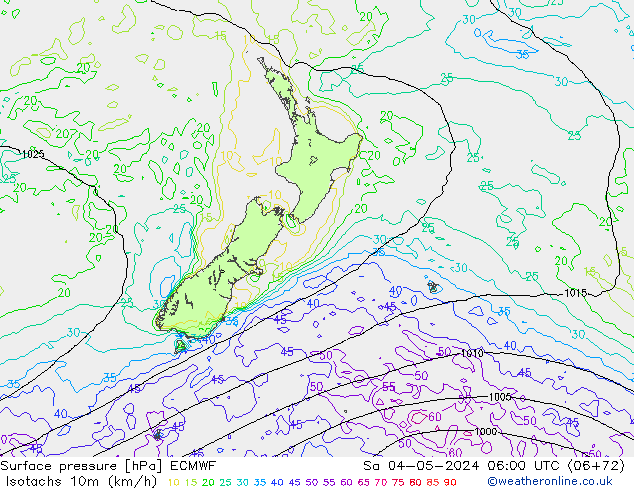 Isotachs (kph) ECMWF sab 04.05.2024 06 UTC