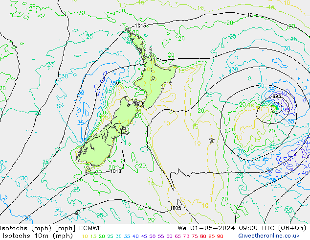 Isotachs (mph) ECMWF We 01.05.2024 09 UTC