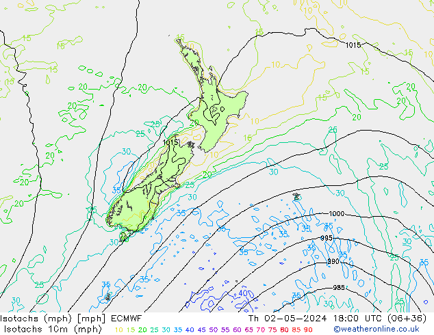 Isotachs (mph) ECMWF чт 02.05.2024 18 UTC