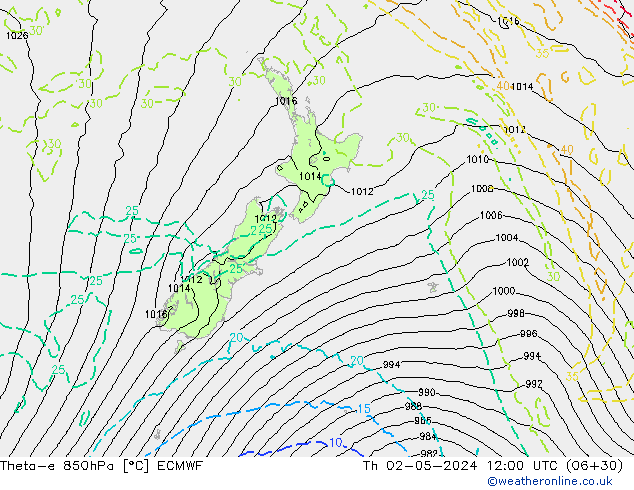 Theta-e 850hPa ECMWF gio 02.05.2024 12 UTC