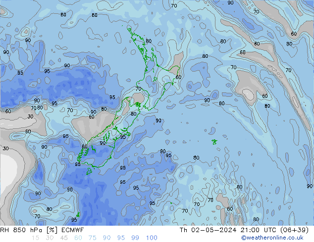 Humedad rel. 850hPa ECMWF jue 02.05.2024 21 UTC