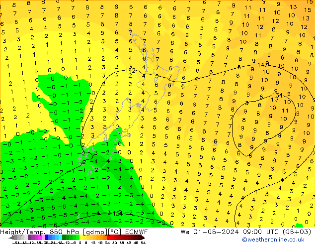 Hoogte/Temp. 850 hPa ECMWF wo 01.05.2024 09 UTC