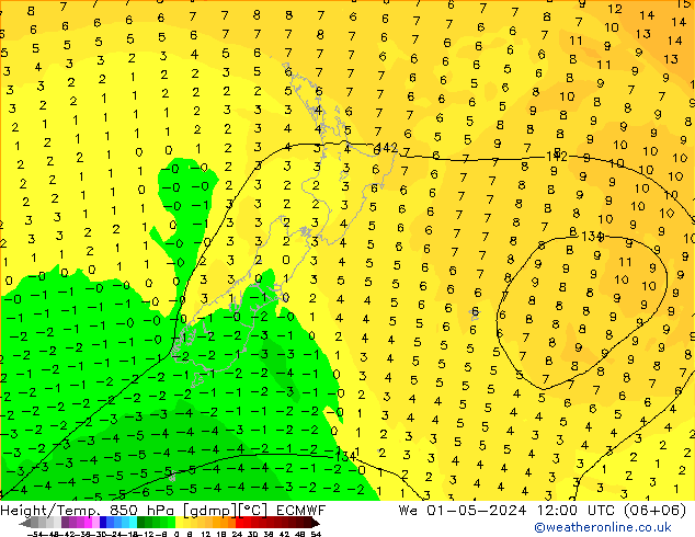 Z500/Rain (+SLP)/Z850 ECMWF śro. 01.05.2024 12 UTC