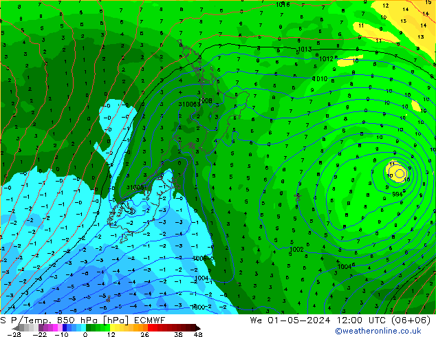 SLP/Temp. 850 hPa ECMWF mer 01.05.2024 12 UTC