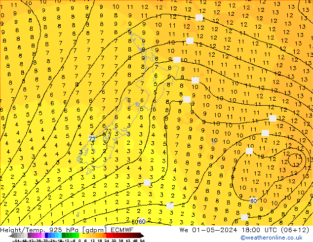 Hoogte/Temp. 925 hPa ECMWF wo 01.05.2024 18 UTC