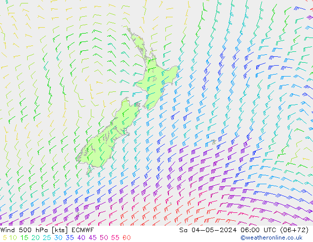 Vento 500 hPa ECMWF sab 04.05.2024 06 UTC