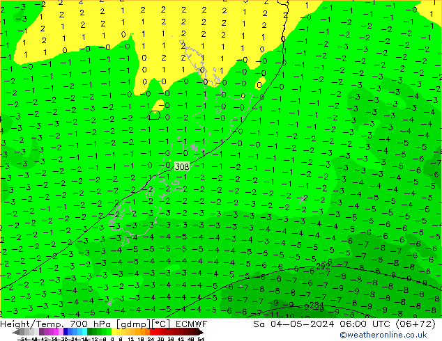 Height/Temp. 700 hPa ECMWF sab 04.05.2024 06 UTC