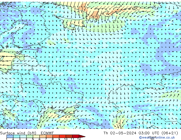 Surface wind (bft) ECMWF Th 02.05.2024 03 UTC