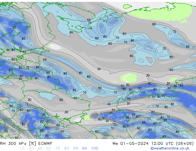 Humidité rel. 300 hPa ECMWF mer 01.05.2024 12 UTC